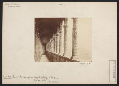 South Kensington Museum, upper loggia of the Science Schools looking towards Albert Hall