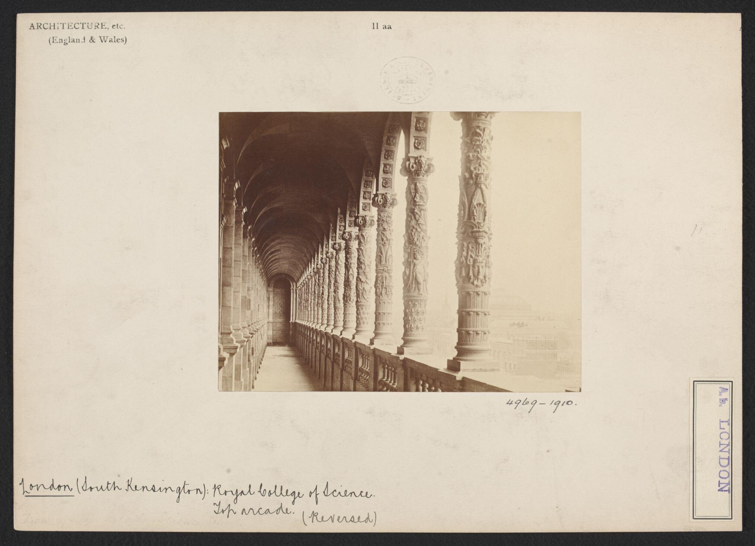 South Kensington Museum, upper loggia of the Science Schools looking towards Albert Hall