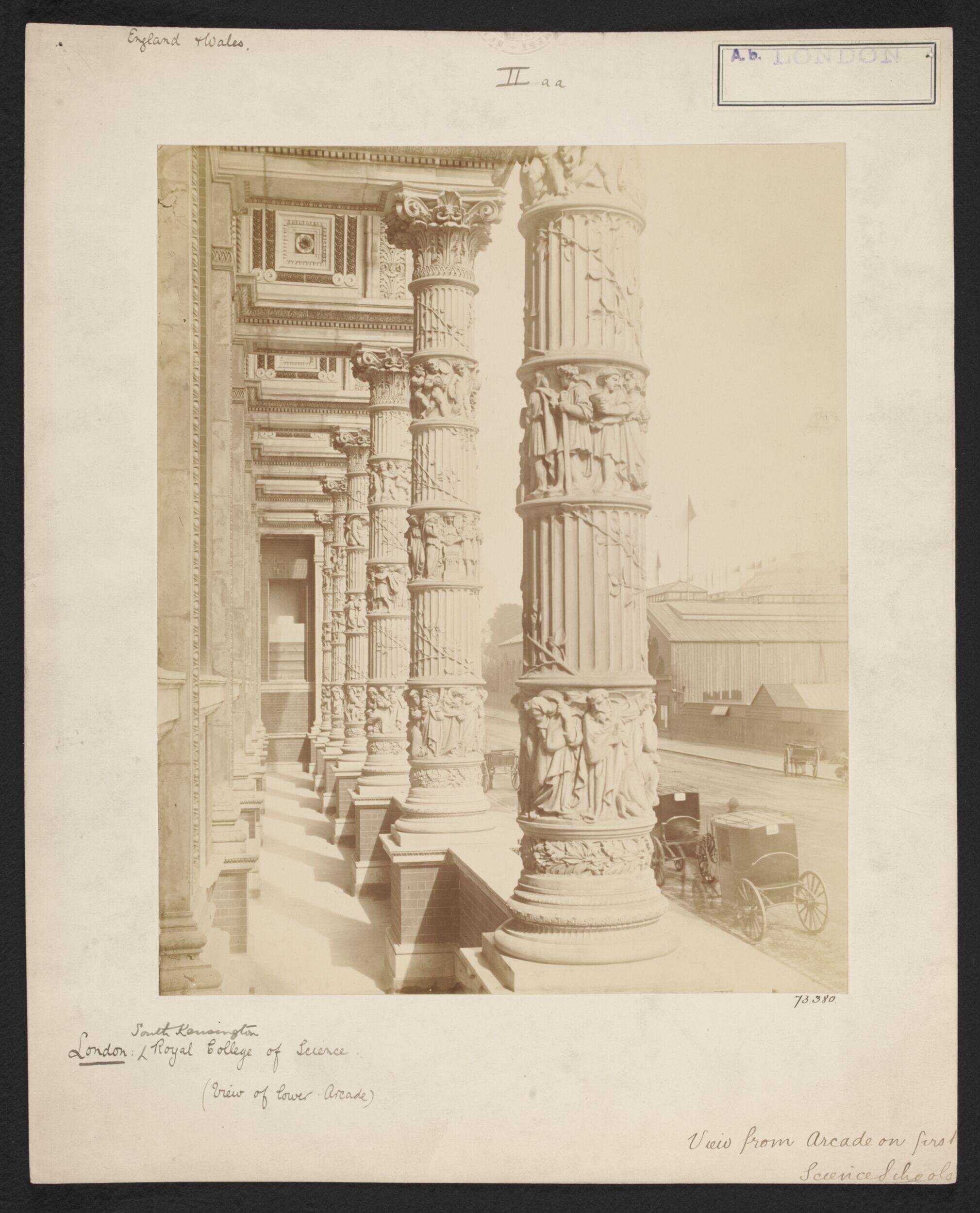 Lower loggia of Science Schools looking over Exhibition Road towards Indian Museum