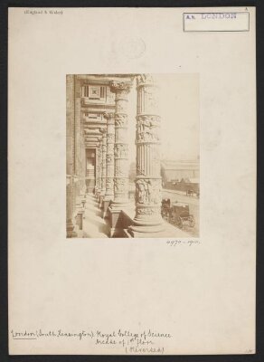 South Kensington Museum, lower loggia looking over Exhibition Road towards Indian Museum
