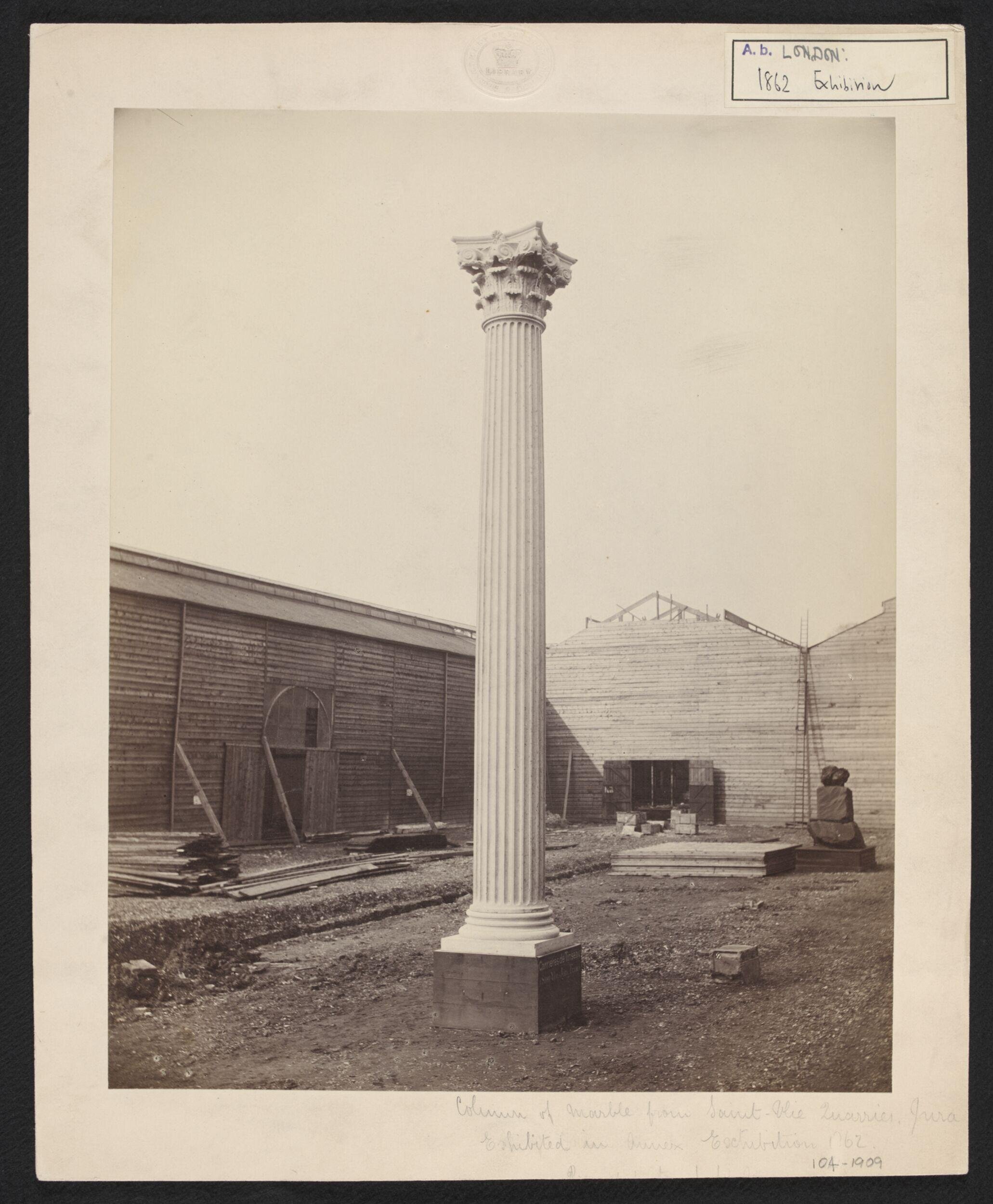 Marble column from Saint-Vie (?) Quarries, Jura,.  Exhibited in the Annex, International Exhibition 1862'