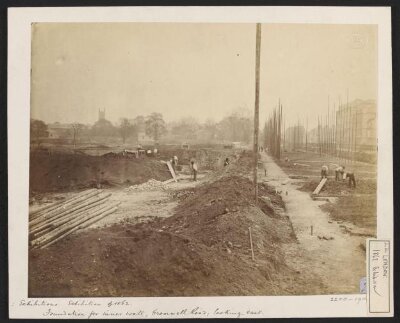 1862 International Exhibition, South Kensington, foundation for inner wall, Cromwell Road, looking East