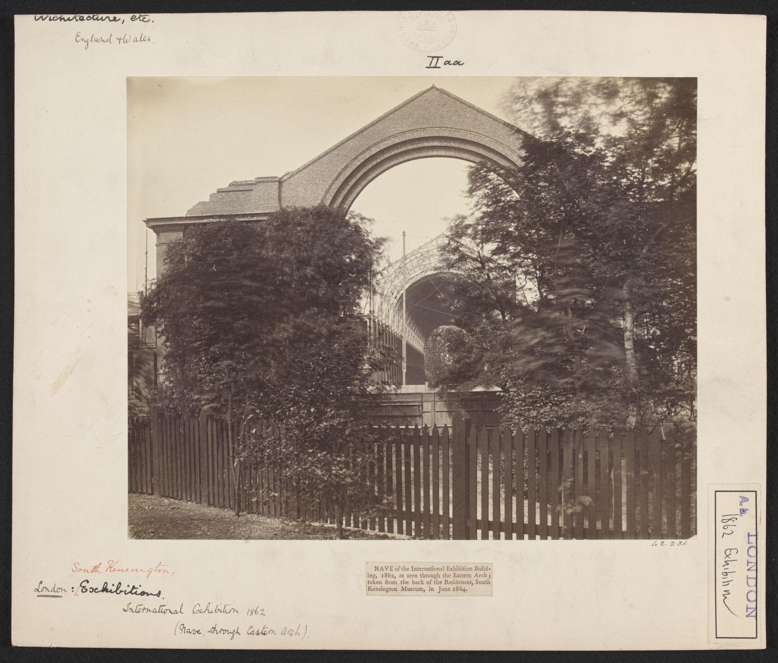 Exterior view of the Nave of the International Exhibition Building 1862, as seen through the Eastern Arch; taken from the back of the Residences, South Kensington Museum