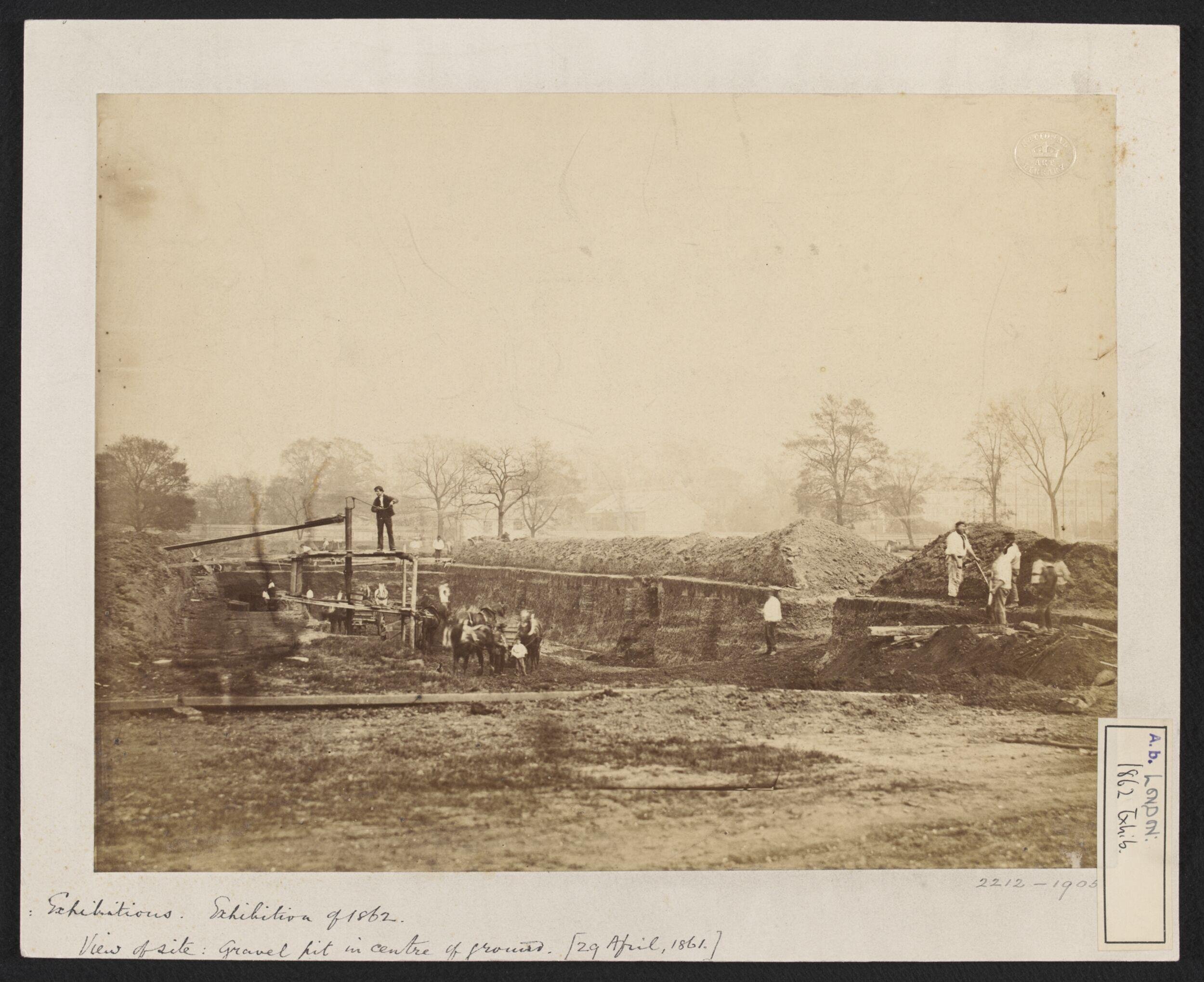 1862 International Exhibition, South Kensington, View of site, Gravel pit in centre of ground