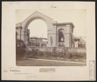 Exterior view of the eastern entrance to the International Exhibition Building 1862, taken from back of the Residences, South Kensington Museum