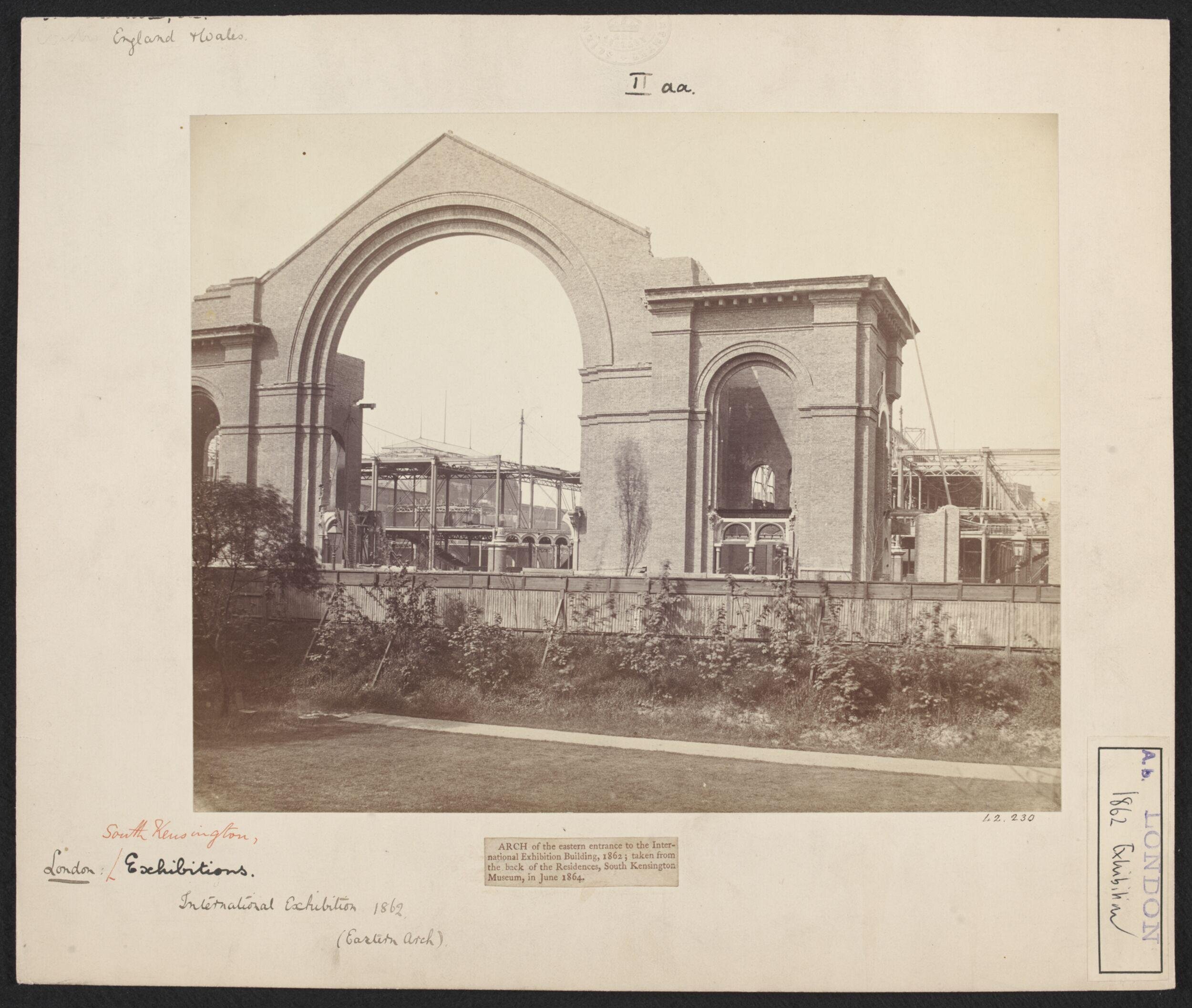 Exterior view of the eastern entrance to the International Exhibition Building 1862, taken from back of the Residences, South Kensington Museum