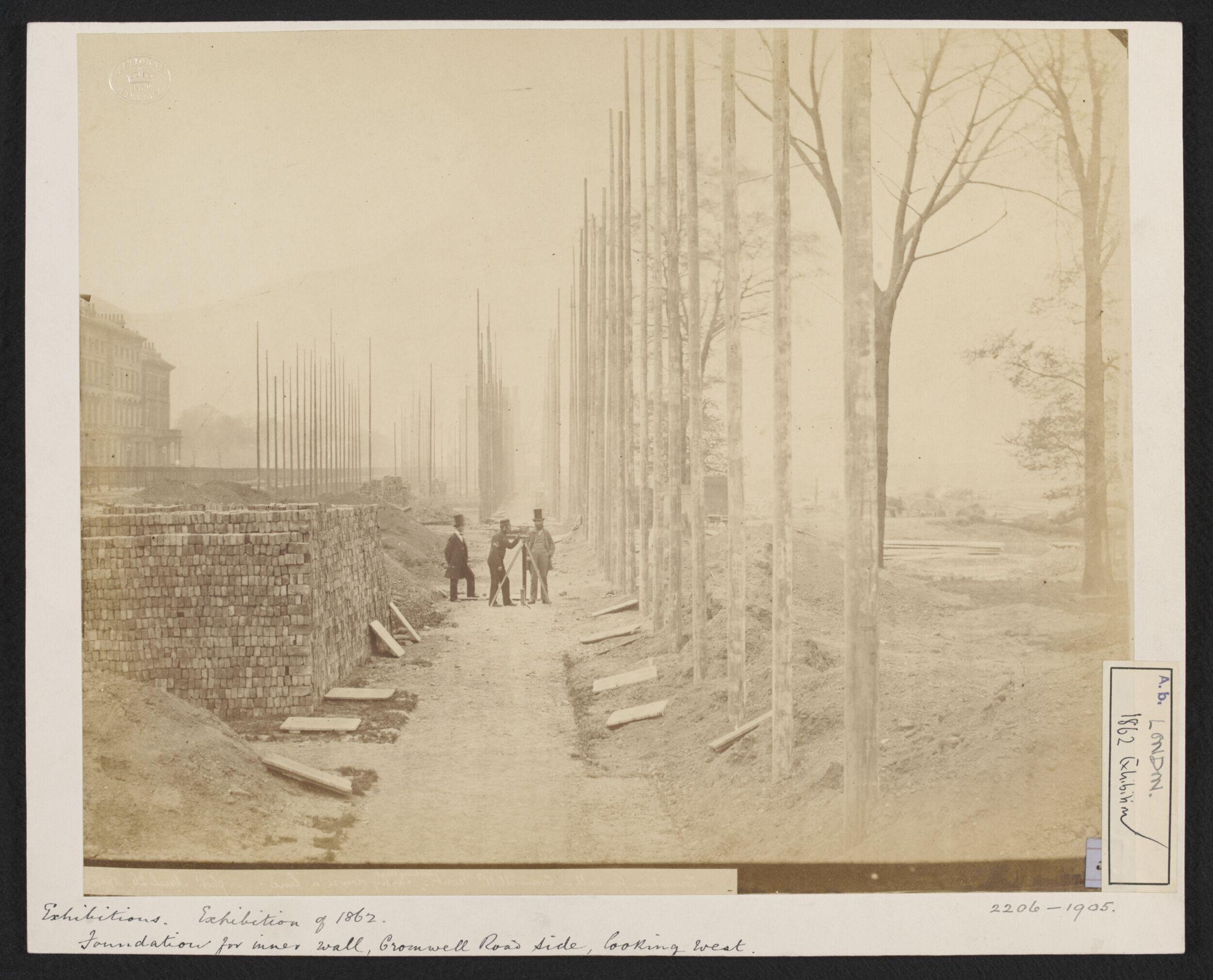 1862 International Exhibition, South Kensington,  foundation for inner wall, Cromwell Road side, looking west