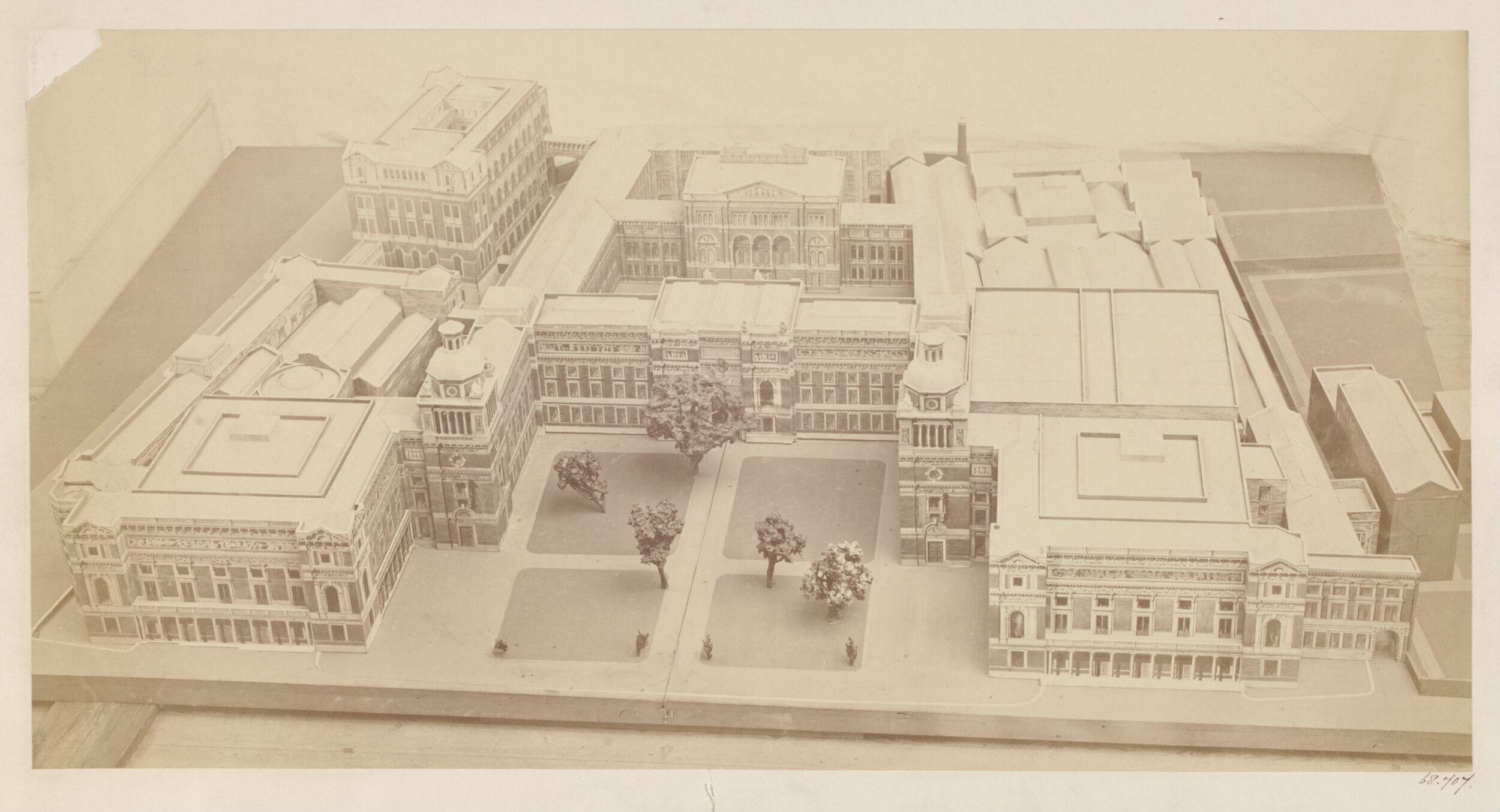 Model of the proposed South Kensington Museum buildings, completed according to the plans of Henry Scott, bird's-eye view from Cromwell Road