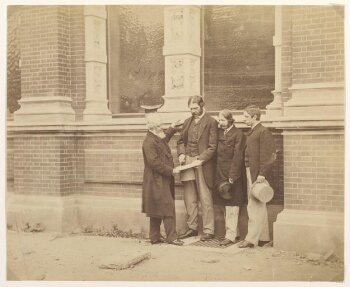 Sir Henry Cole, Captain Francis Fowke, Godfrey Sykes and [?] John Liddell in the Quadrangle garden at the South Kensington Museum