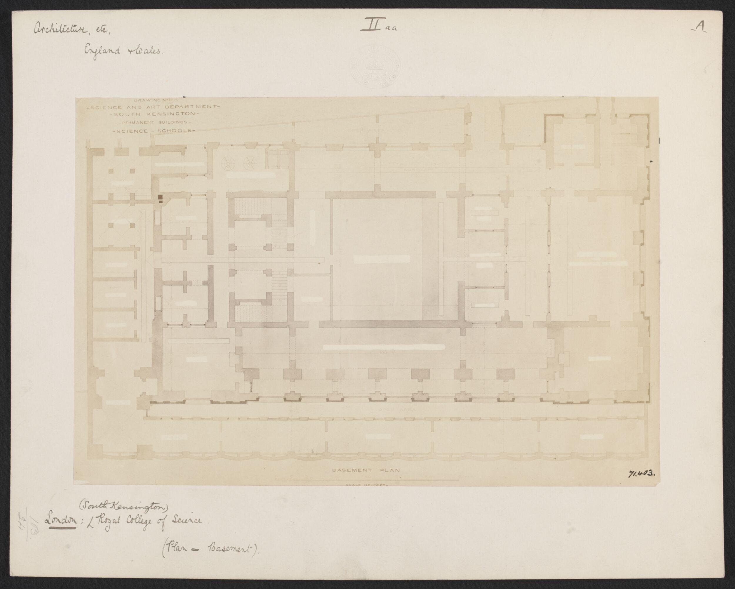 Royal College of Science:  basement floor plan, South Kensington