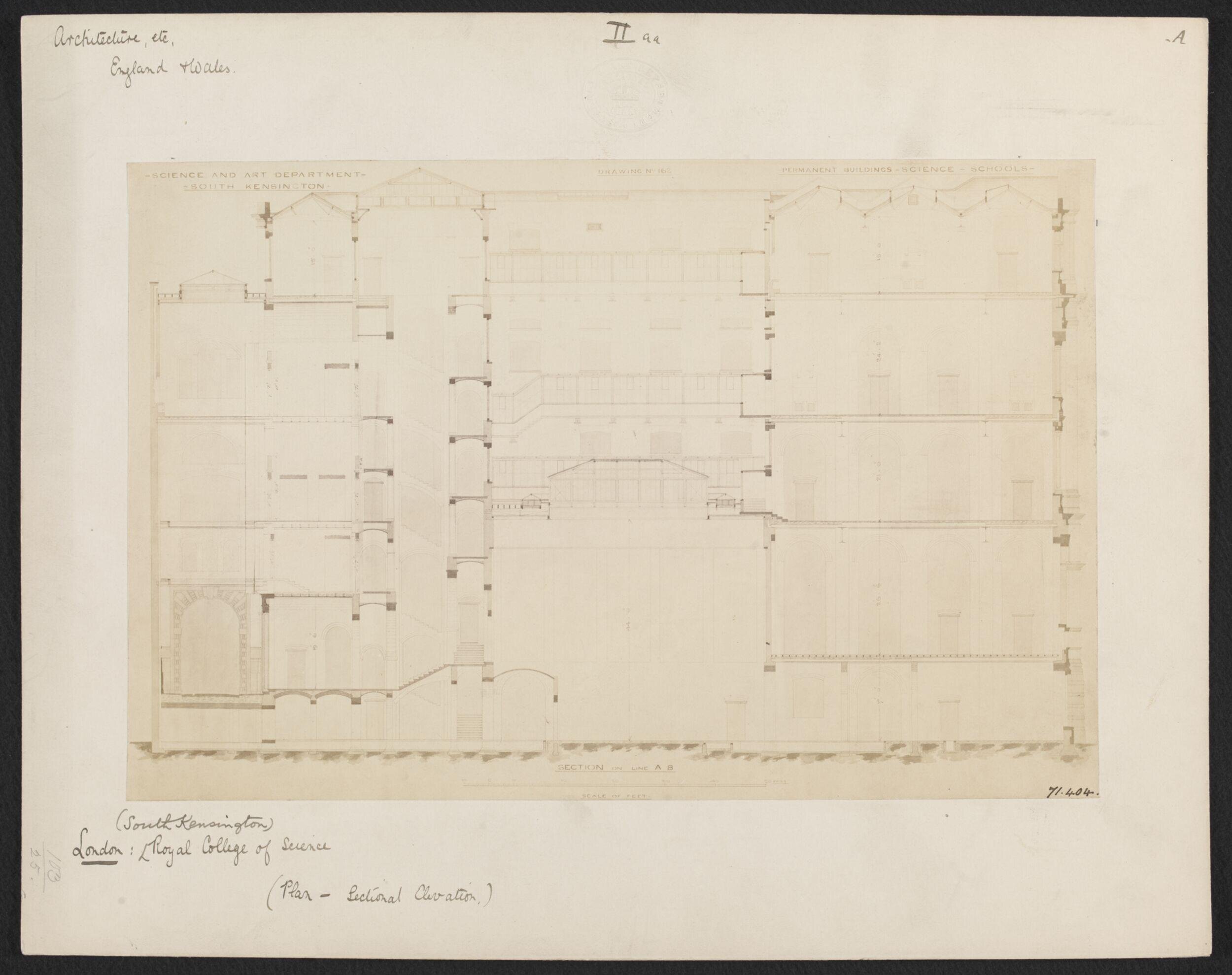 Royal College of Science:  sectional elevation, South Kensington