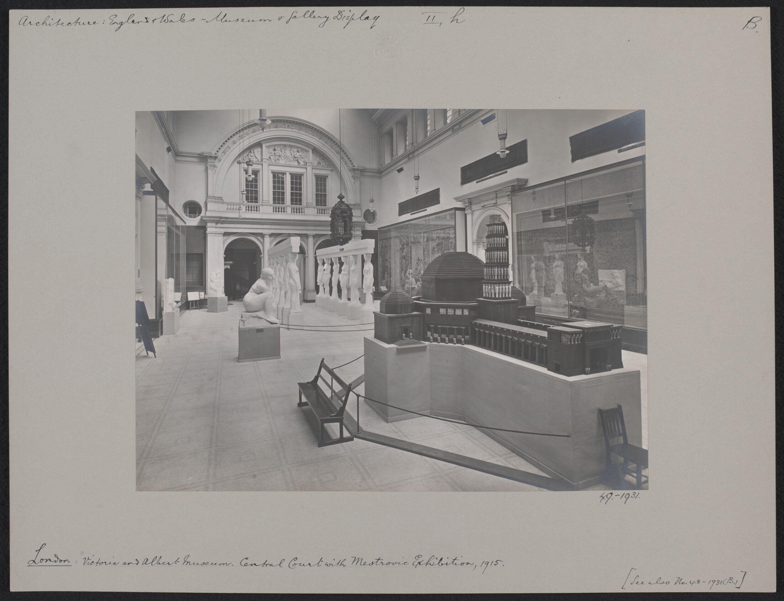 Photograph, Victoria and Albert Museum, Central Court (Gallery 43) showing Ivan Meštrović sculpture exhibition, gelatin silver print, 1915