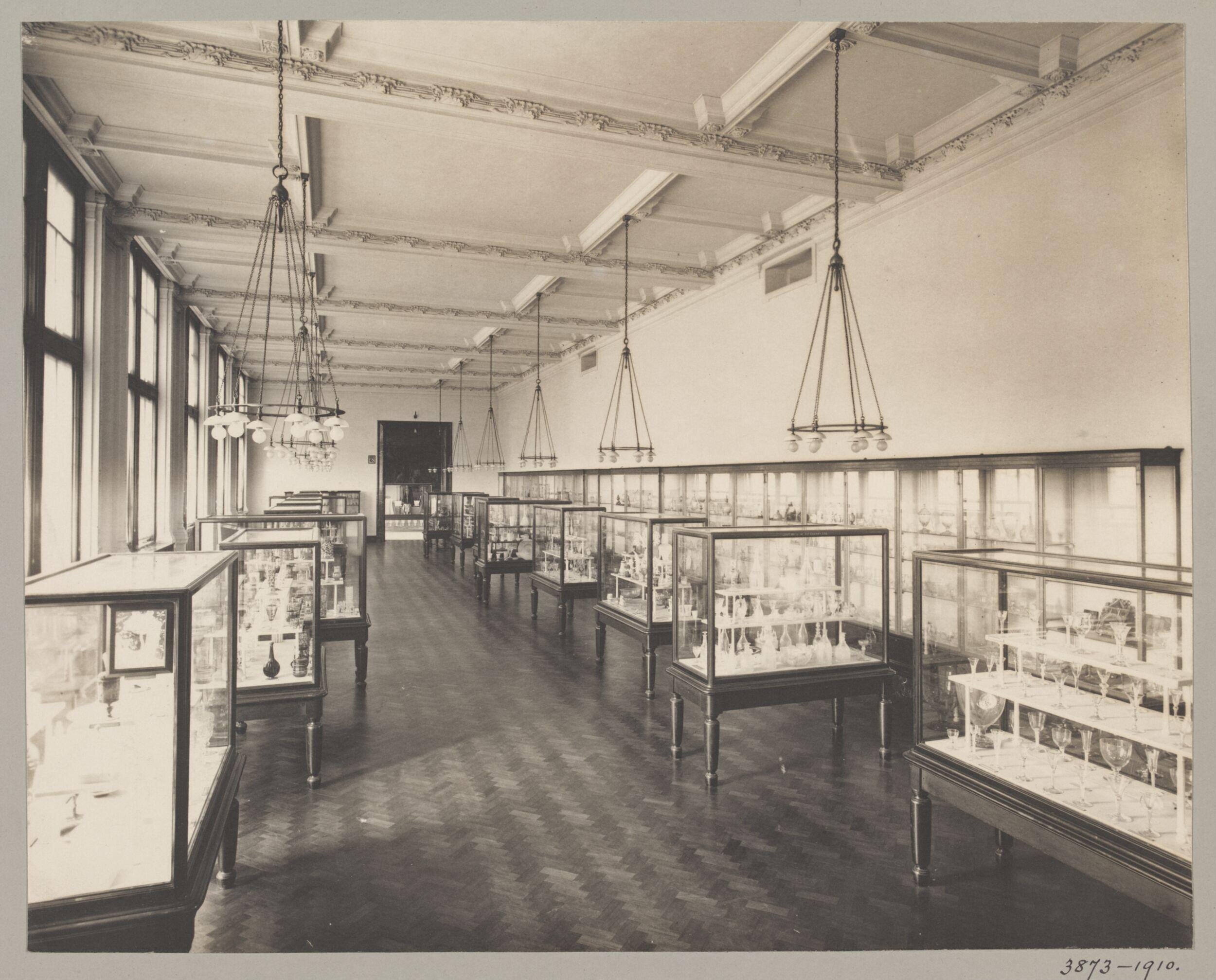 South Kensington Museum, Glass Gallery (Gallery 128) looking west towards Gallery 127
