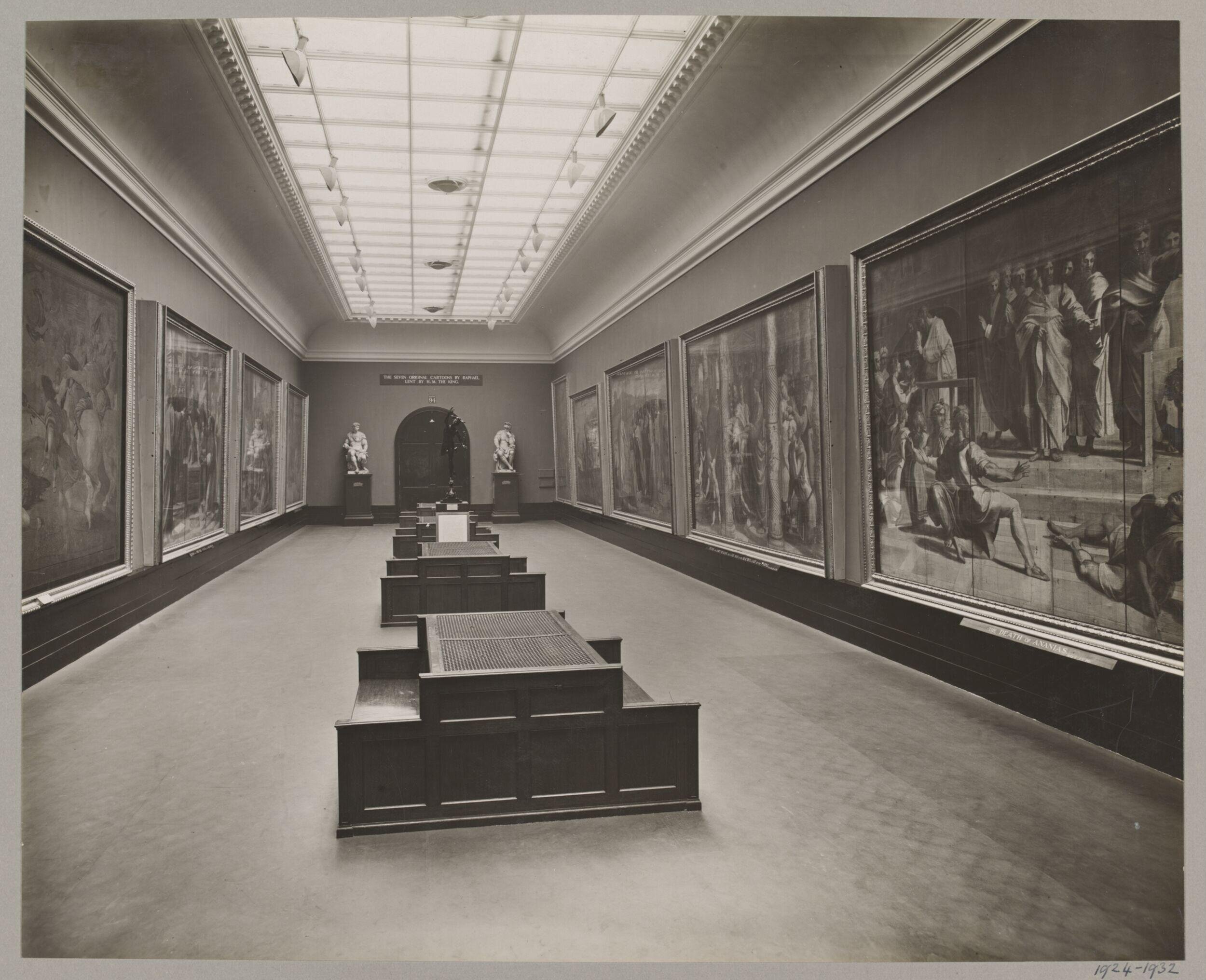 Victoria and Albert Museum, The Raphael Cartoons Gallery, North Gallery (Gallery 94) after the 1929 redecoration, from the west-end