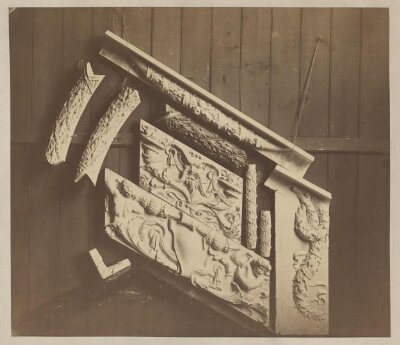 Parts of ceramic frieze designed by F.W. Moody for the West ('Ceramic') Staircase made by Minton, Hollins & Co