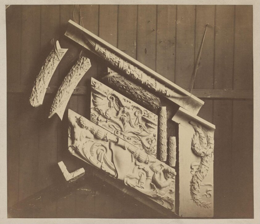 Parts of ceramic frieze designed by F.W. Moody for the West ('Ceramic') Staircase made by Minton, Hollins & Co