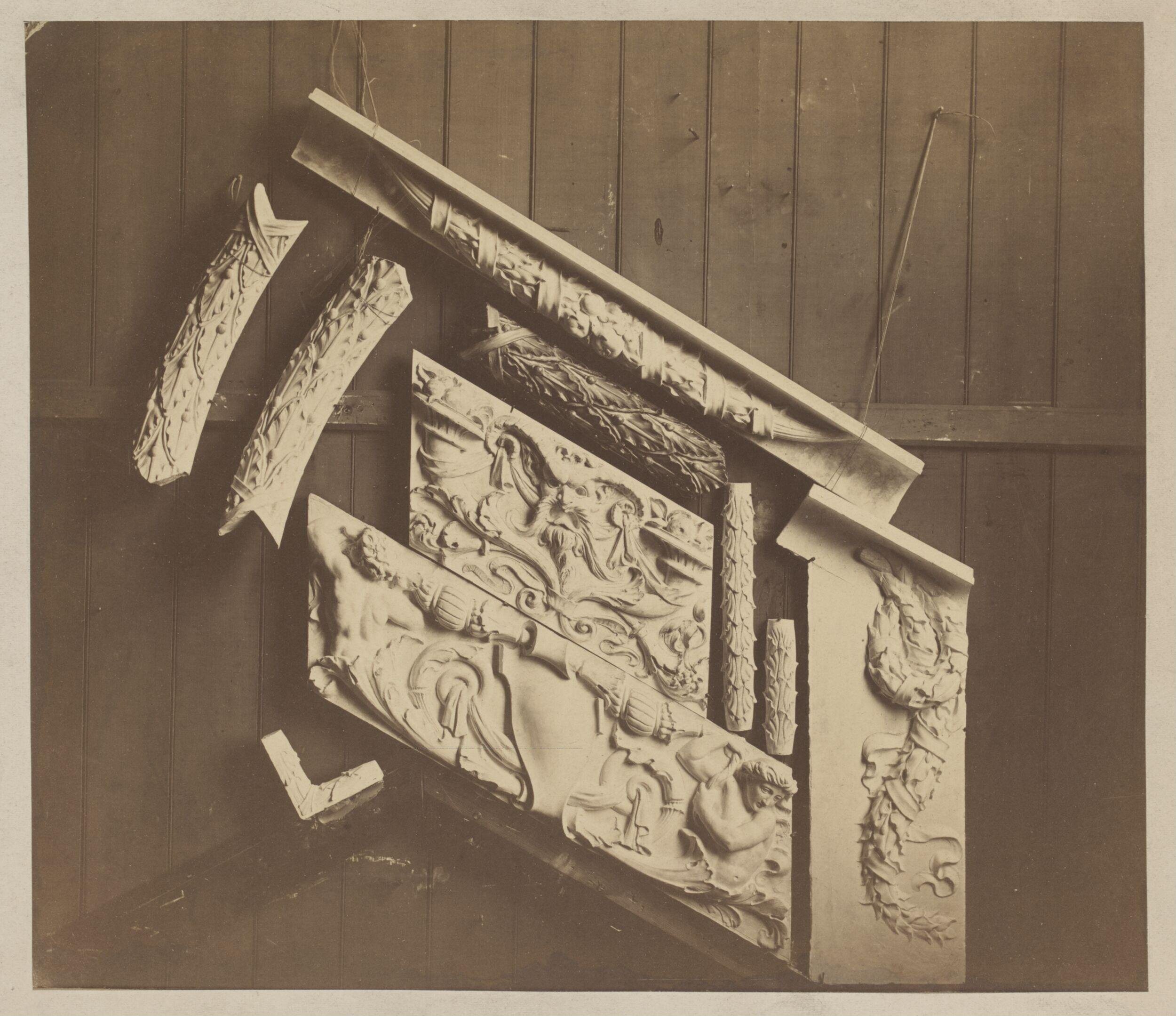 Parts of ceramic frieze designed by F.W. Moody for the West ('Ceramic') Staircase made by Minton, Hollins & Co