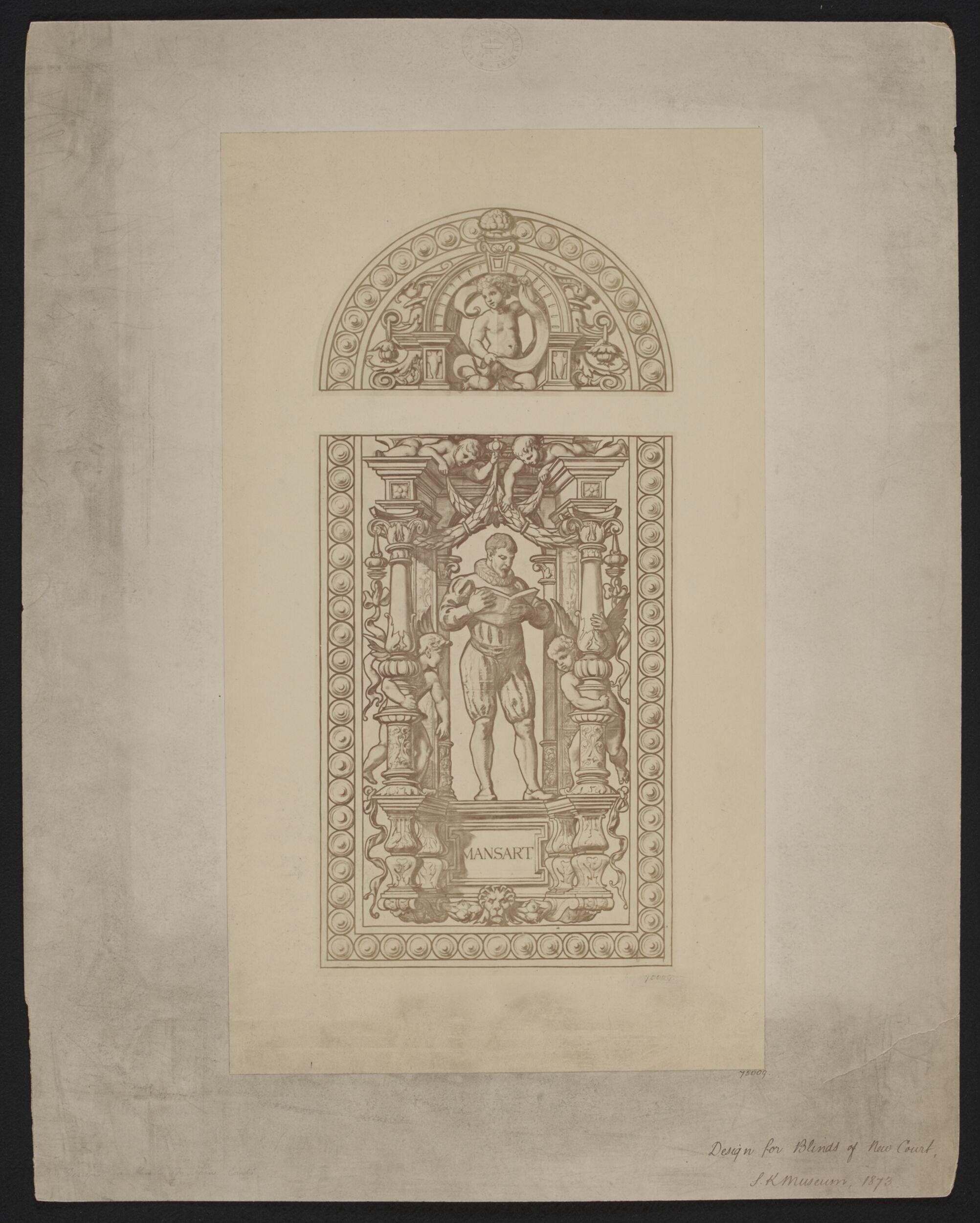 Design for painted window blind for the Cast Courts showing Mansart by Frank Moody