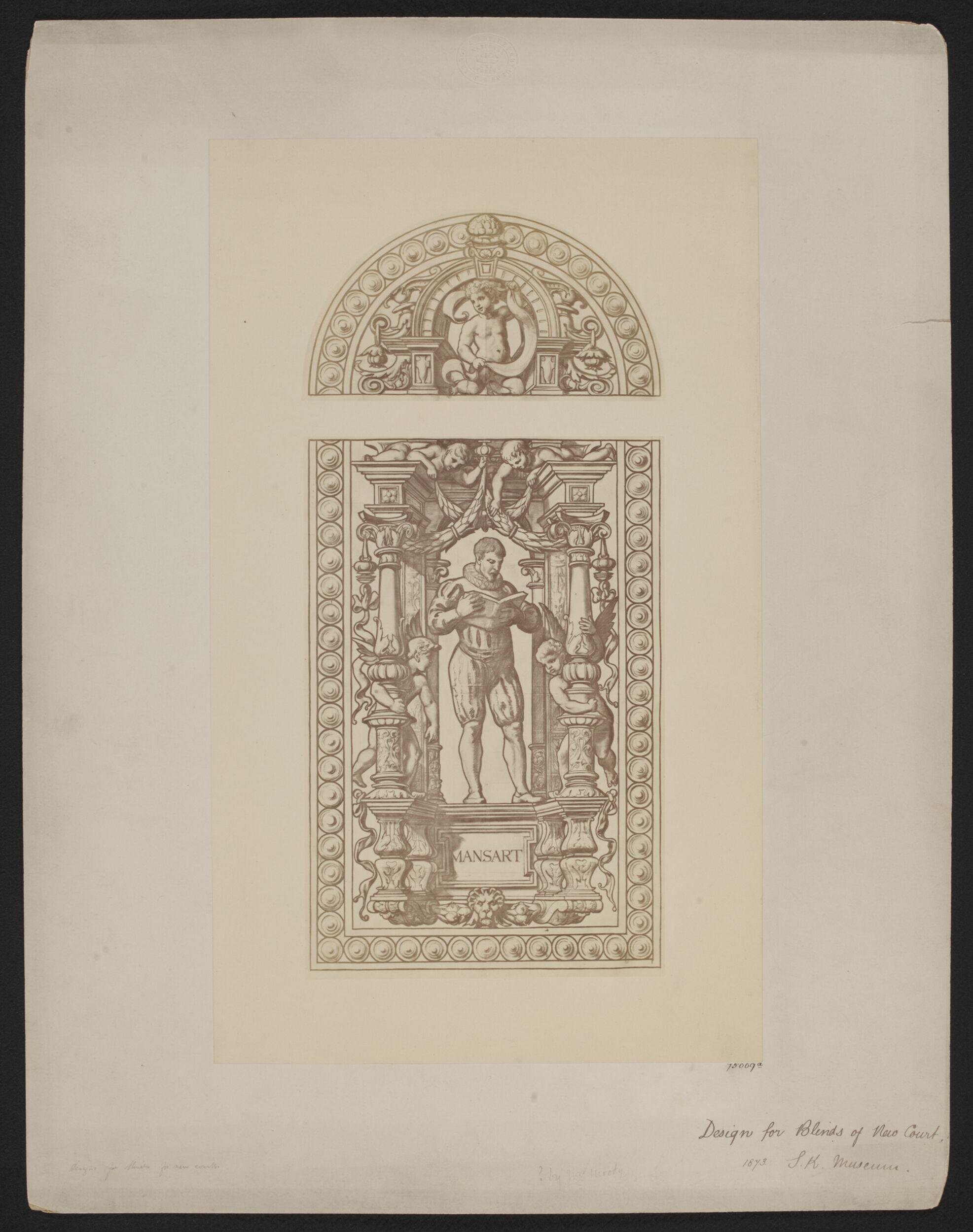 Design for painted window blind for the Cast Courts showing Mansart by Frank Moody