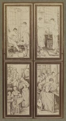 Designs for stained glass panels by William Bell Scott, 1867-1869, part of a suite of windows illustrating the history of ceramic manufacture fitted in the north wall of the Ceramics Gallery (Galleries 65-9), South Kensington Museum