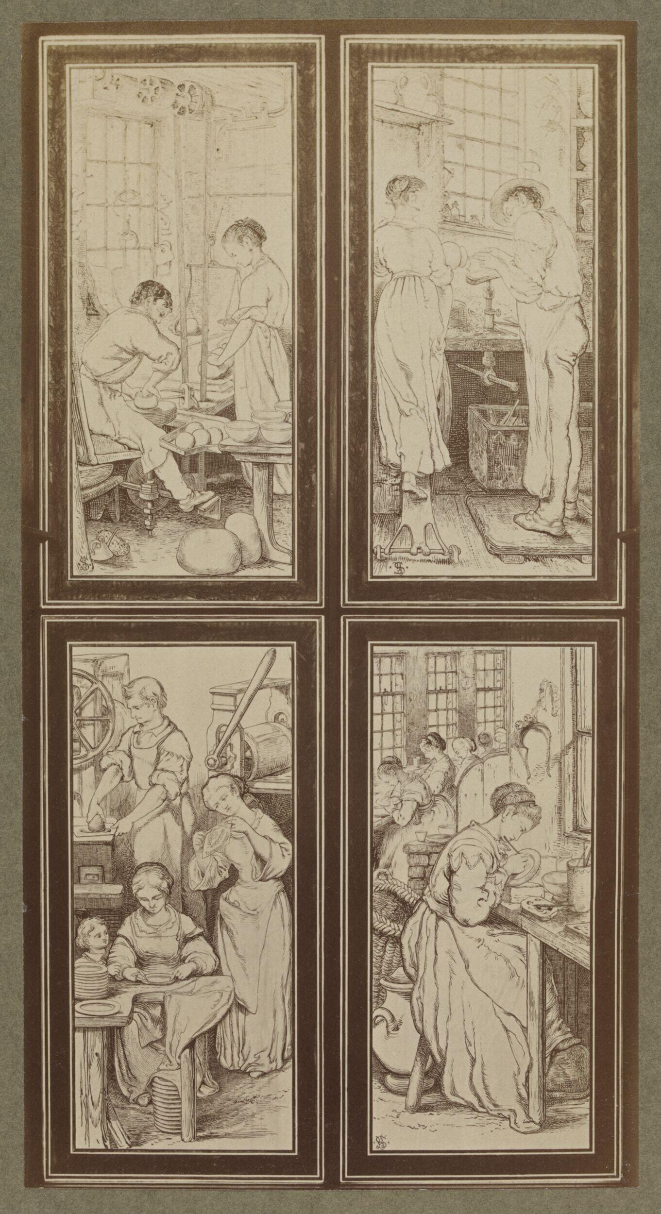 Designs for stained glass panels by William Bell Scott, 1867-1869, part of a suite of windows illustrating the history of ceramic manufacture fitted in the north wall of the Ceramics Gallery (Galleries 65-9), South Kensington Museum