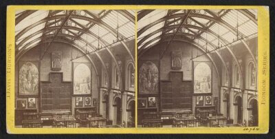 South Kensington Museum, South Court, from west side of Cross Gallery showing altar piece and cartoons for frescoes in the House of Lords