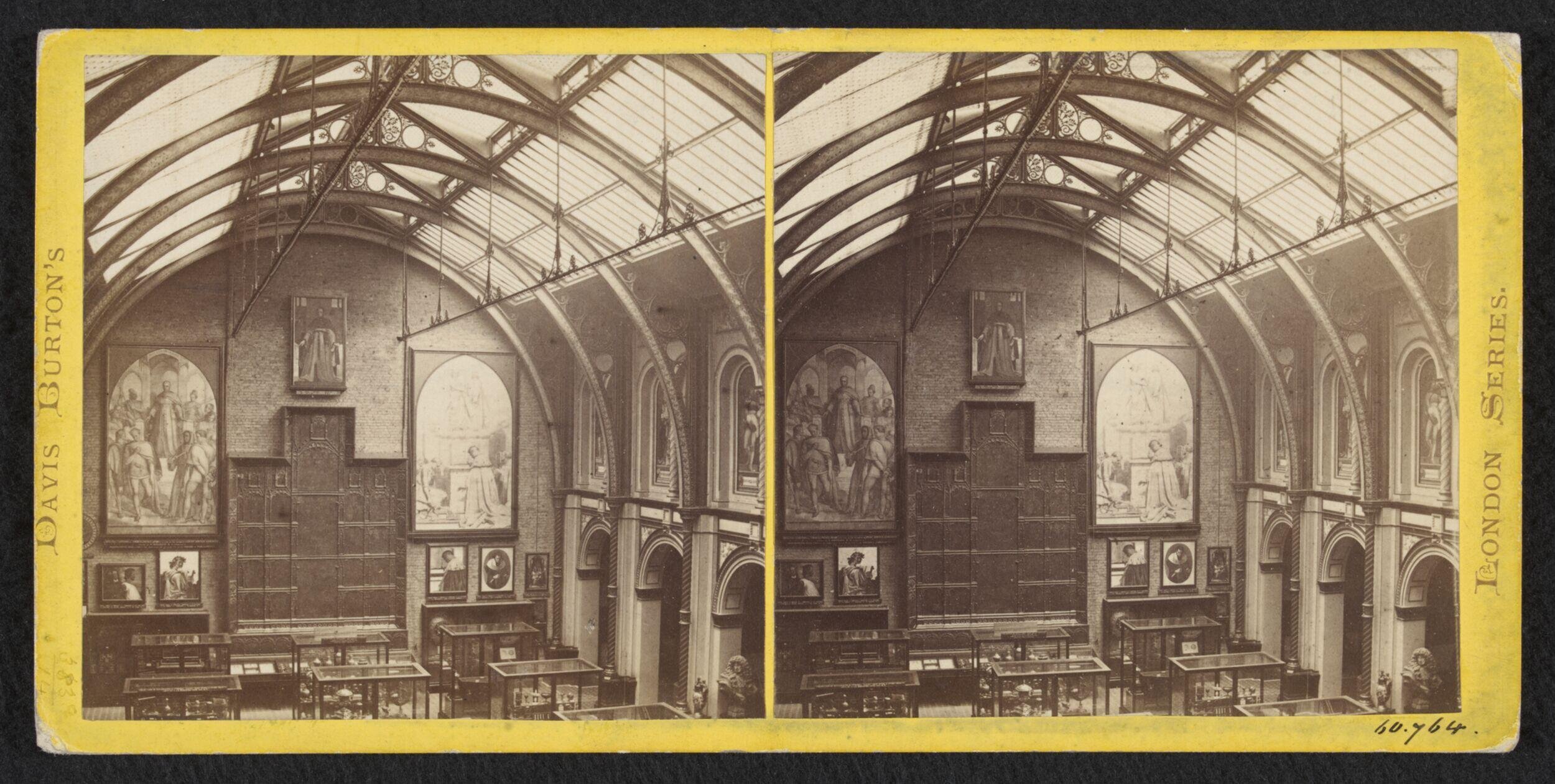 South Kensington Museum, South Court, from west side of Cross Gallery showing altar piece and cartoons for frescoes in the House of Lords