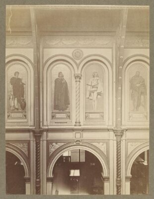 South Kensington Museum, Interior view of South Court showing 'Kensington Valhalla' mosaics of Apelles, Pisano, Cimabue and Torrel