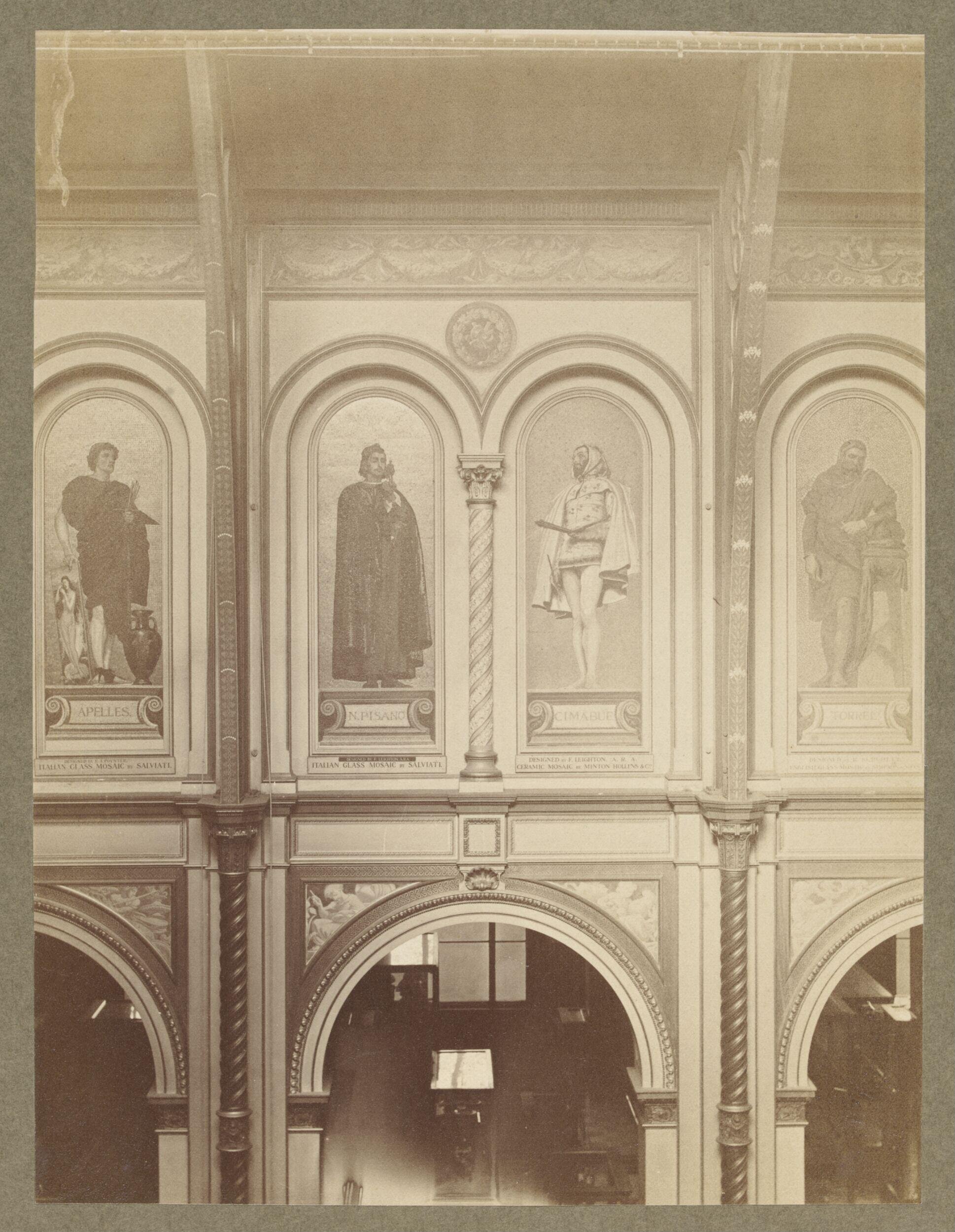 South Kensington Museum, Interior view of South Court showing 'Kensington Valhalla' mosaics of Apelles, Pisano, Cimabue and Torrel