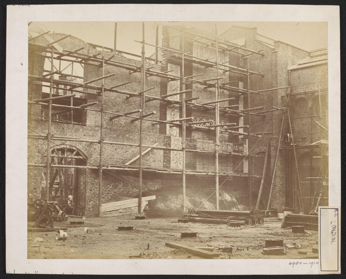 Unknown, South Kensington Museum, North Court during construction, with wall showing trial colour scheme for the Horticultural Garden [?]