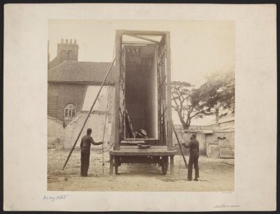 View of packing case and horse-drawn 'van' for transport of Raphael Cartoons from Hampton Court to South Kensington Museum