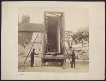 View of packing case and horse-drawn 'van' for transport of Raphael Cartoons from Hampton Court to South Kensington Museum