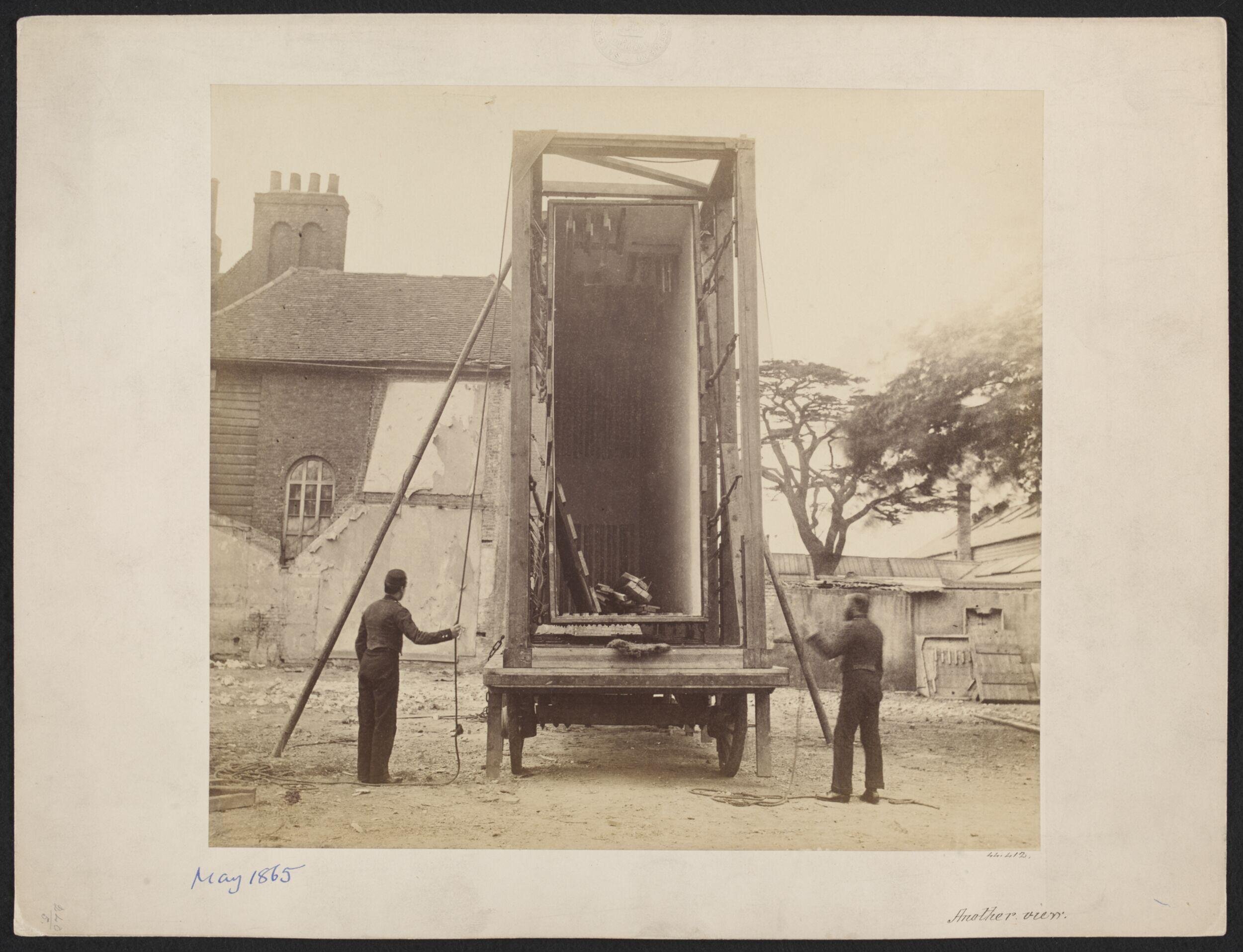 View of packing case and horse-drawn 'van' for transport of Raphael Cartoons from Hampton Court to South Kensington Museum