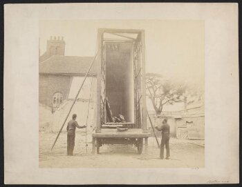 View of packing case and horse-drawn 'van' for transport of Raphael Cartoons from Hampton Court to South Kensington Museum