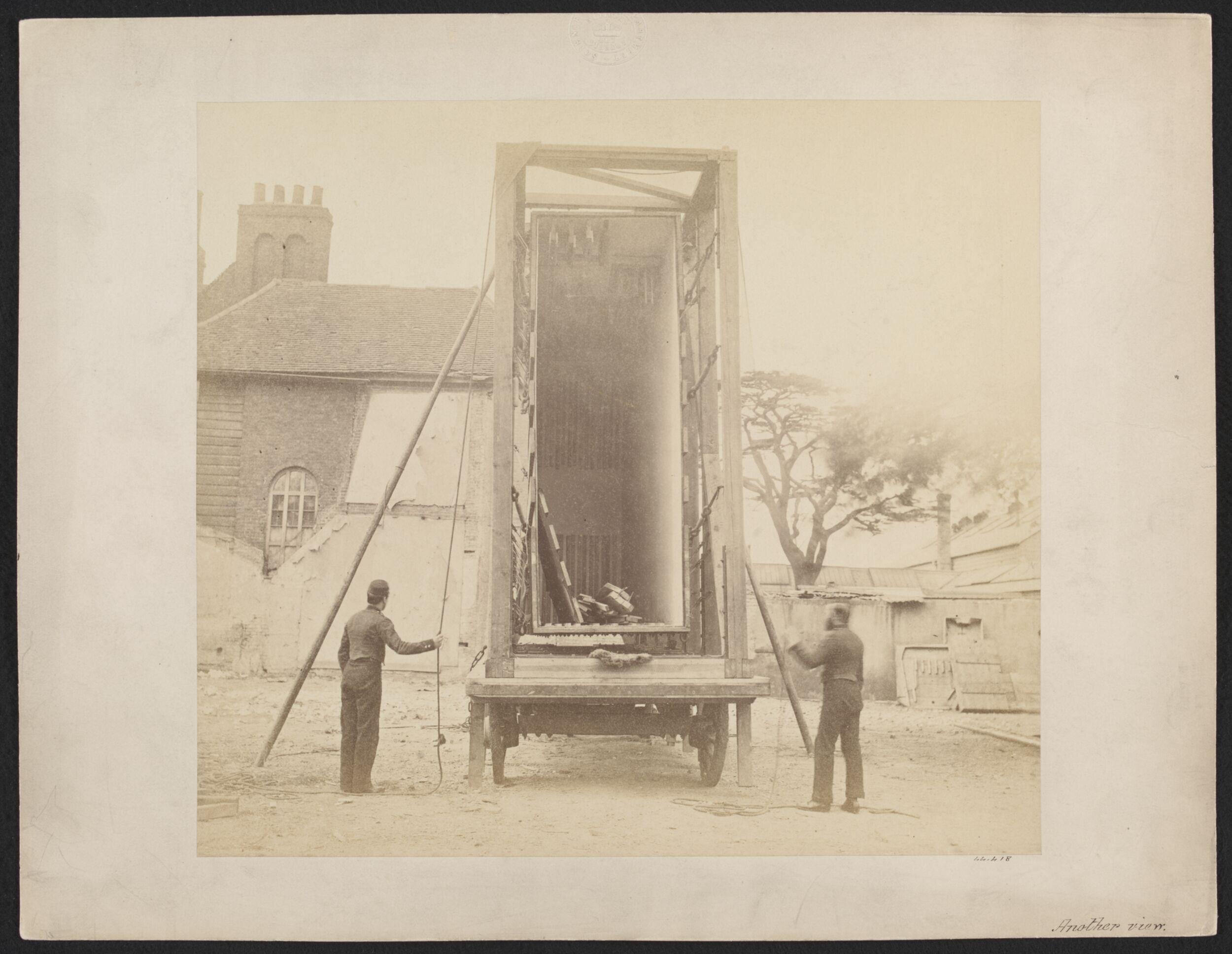 View of packing case and horse-drawn 'van' for transport of Raphael Cartoons from Hampton Court to South Kensington Museum