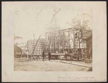 Side view of packing case and horse-drawn 'van' for transport of Raphael Cartoons from Hampton Court to South Kensington Museum