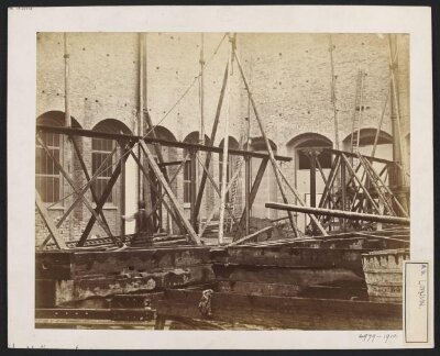 South Kensington Museum, North Court during construction, main roof girders being prepared to be raised
