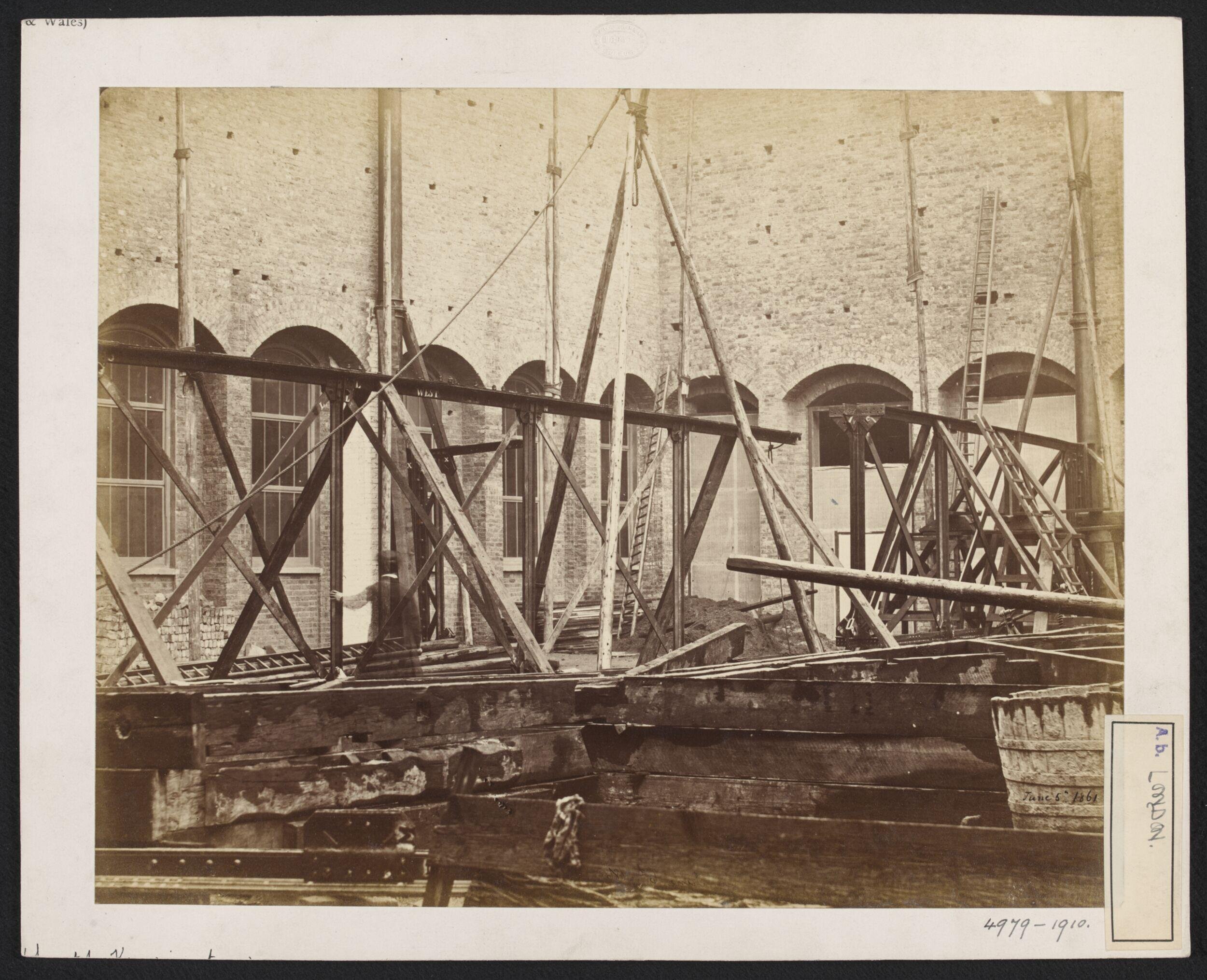 South Kensington Museum, North Court during construction, main roof girders being prepared to be raised