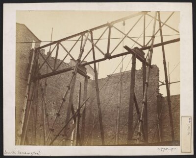 South Kensington Museum, North Court during construction, main roof girders being prepared to be raised