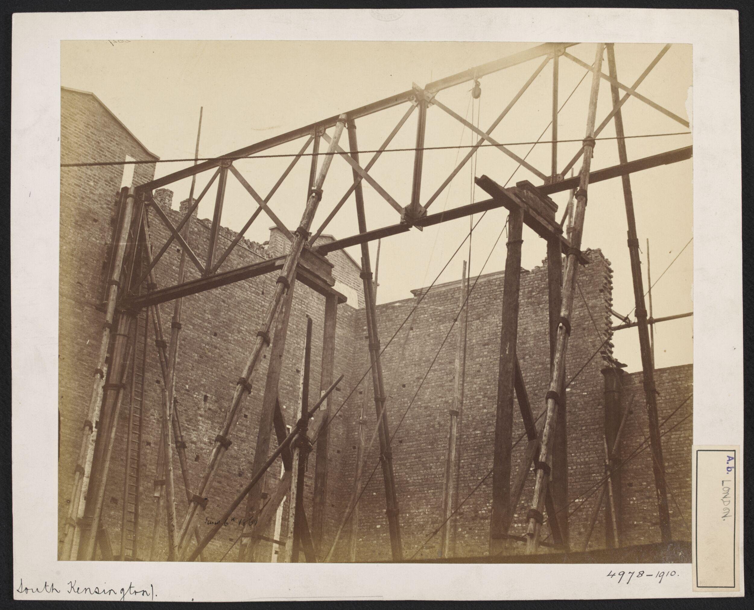 South Kensington Museum, North Court during construction, main roof girders being prepared to be raised