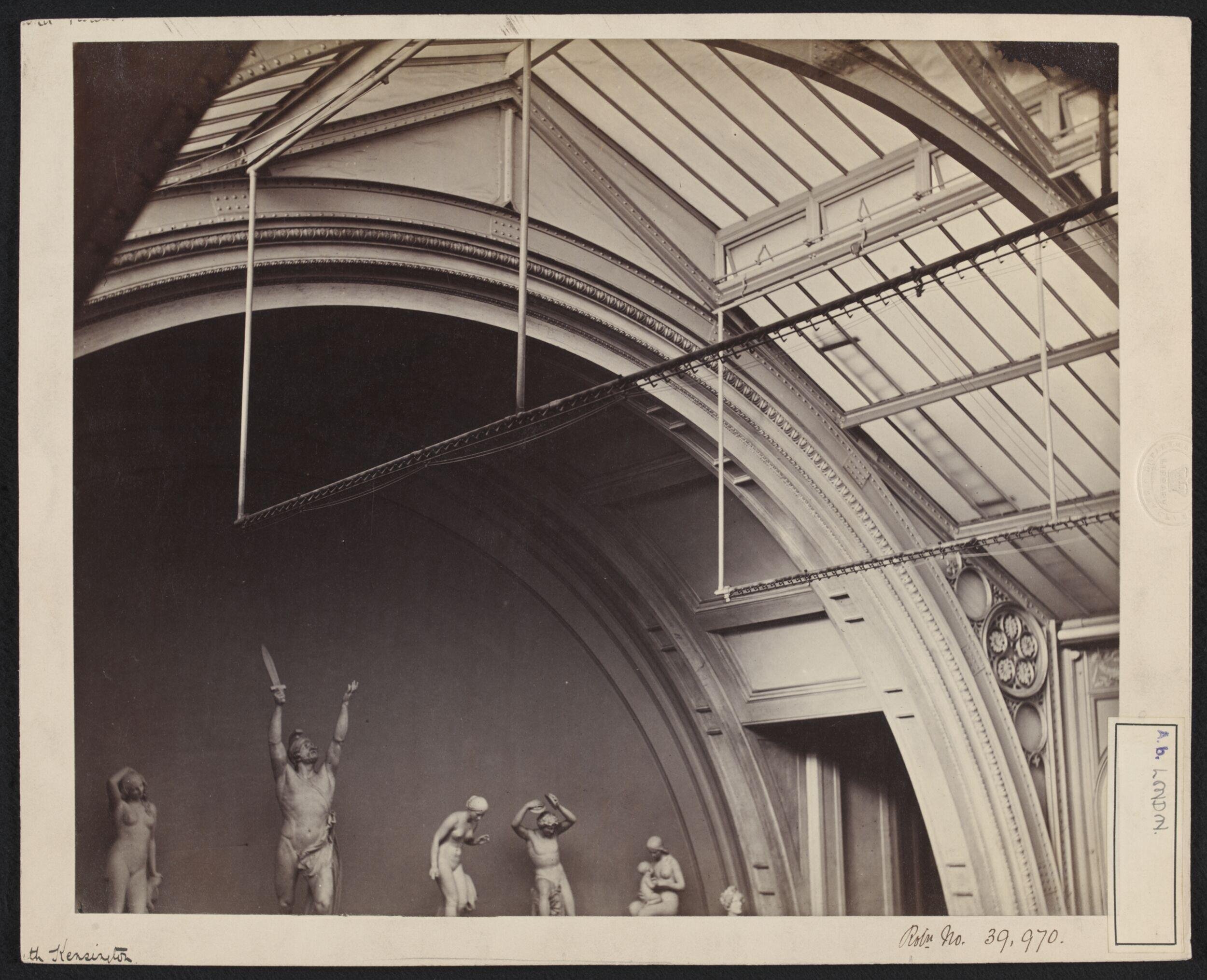 Interior view of the South Kensington Museum, north-east corner of the South Court showing statuary on balcony (Gallery 102)