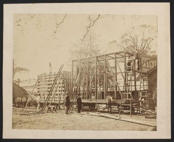 Side view of packing case and horse-drawn 'van' for transport of Raphael Cartoons from Hampton Court to South Kensington Museum