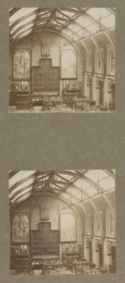 South Kensington Museum, South Court from west side of Cross Gallery showing altar piece from Valencia and cartoons for frescoes in the House of Lords