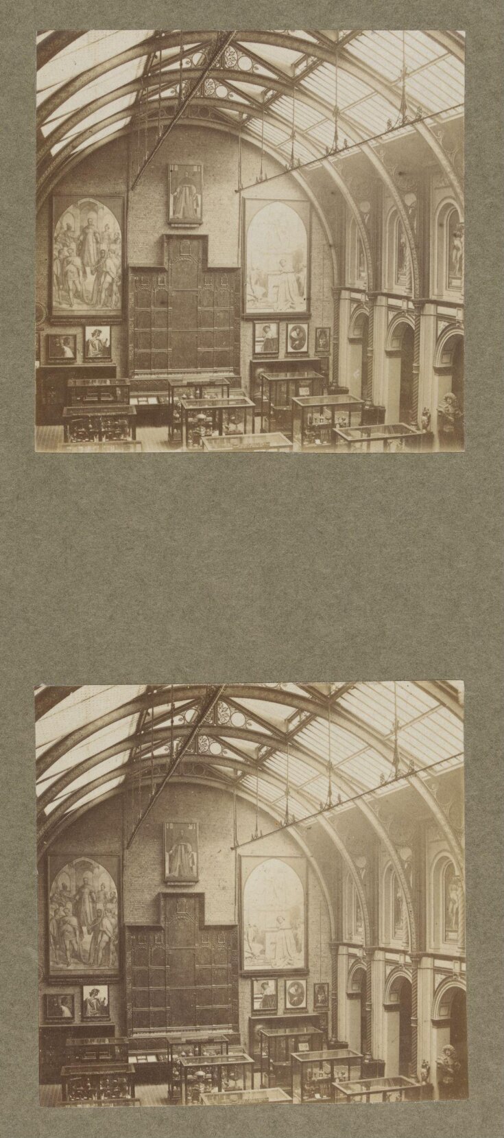 South Kensington Museum, South Court from west side of Cross Gallery showing altar piece from Valencia and cartoons for frescoes in the House of Lords top image