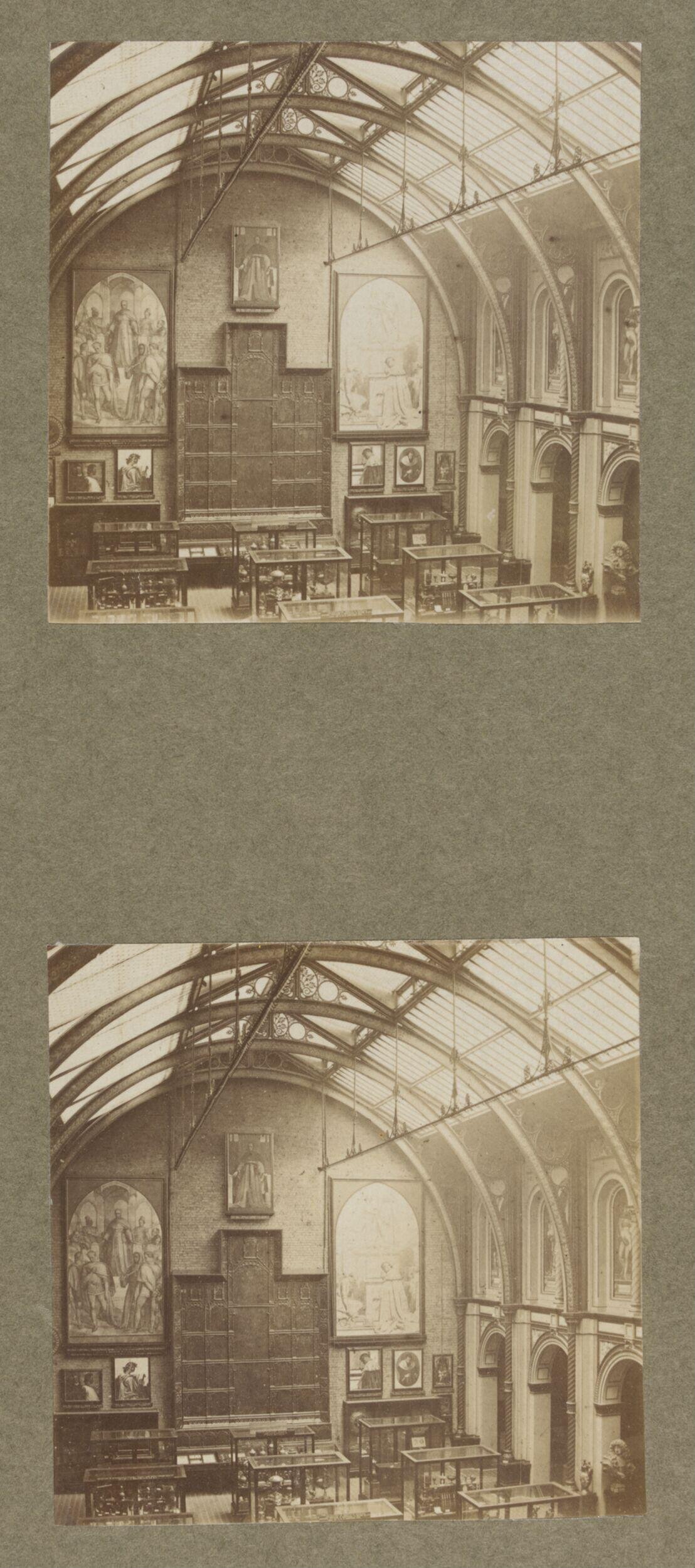 South Kensington Museum, South Court from west side of Cross Gallery showing altar piece from Valencia and cartoons for frescoes in the House of Lords