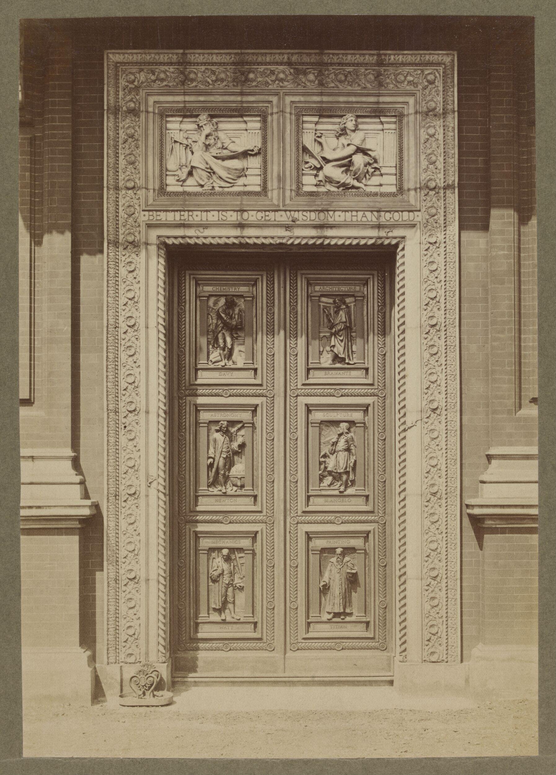 South Kensington Museum, Quadrangle:  the doorway and doors of the Lecture Theatre building