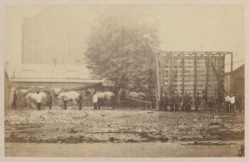 Side view of packing case and horse-drawn 'van' for transport of Raphael Cartoons from Hampton Court to South Kensington Museum