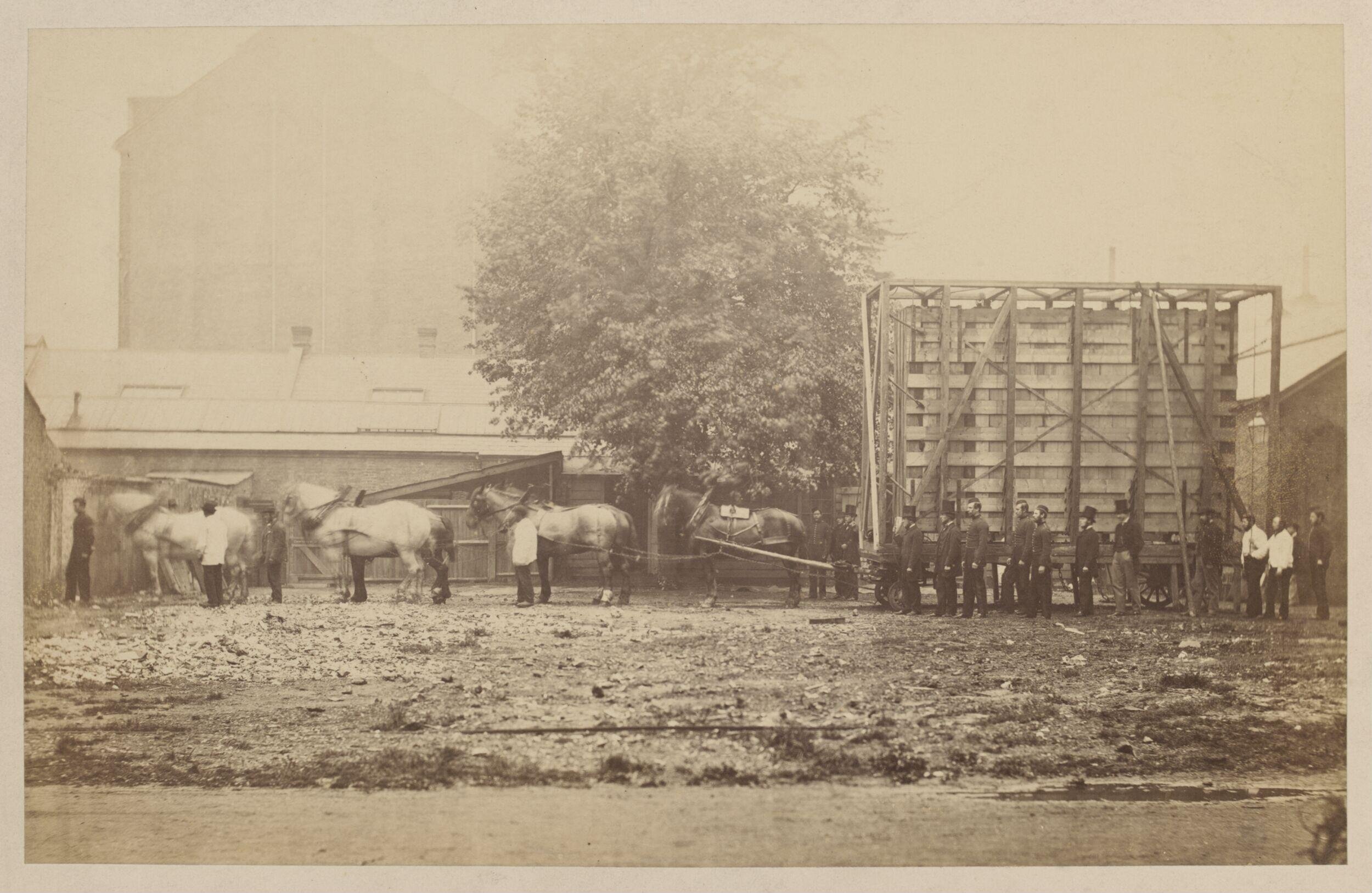 Side view of packing case and horse-drawn 'van' for transport of Raphael Cartoons from Hampton Court to South Kensington Museum
