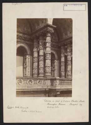 South Kensington Museum, Terracotta decoration and columns of the Lecture Theatre facade, designed by Godfrey Sykes and made by Blanchard & Co., ca. 1865
