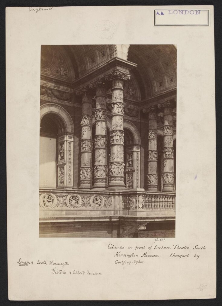 South Kensington Museum, Terracotta decoration and columns of the Lecture Theatre facade, designed by Godfrey Sykes and made by Blanchard & Co., ca. 1865 top image